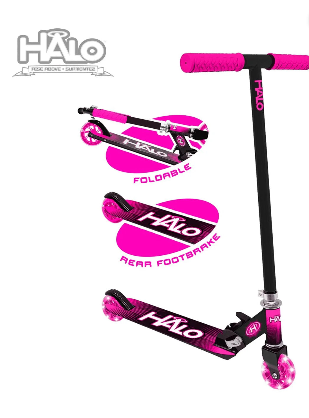 HALO Rise Above Supreme Inline Scooter with Light Up Wheels - Pink
