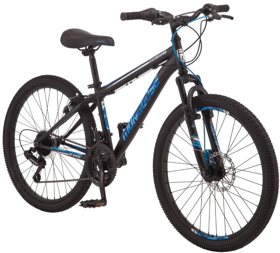 24 inch Mongoose Excursion Mountain Bike, Black & Blue